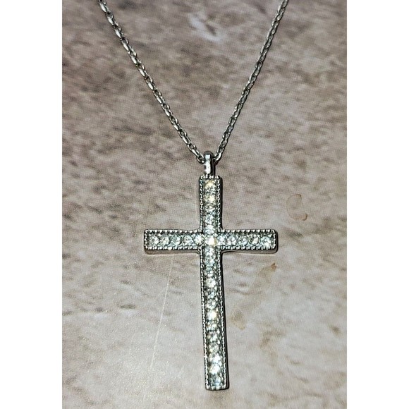 Charming Charlie Silver Tone Cross Crystal Pendant Chain Rhinestone Necklace - Picture 2 of 6